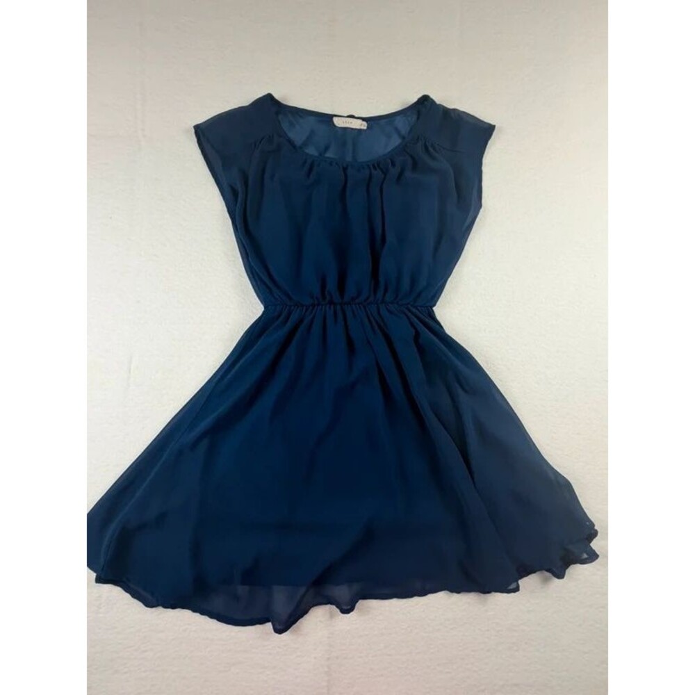 Lush Navy Blue Chiffon Fit & Flare Sleeveless Dress Lined Women's Size XS